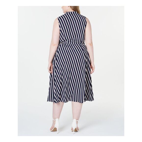 ANNE KLEIN Womens Navy Striped Sleeveless V Neck Midi Fit + Flare Dress Plus 3X - Picture 2 of 4